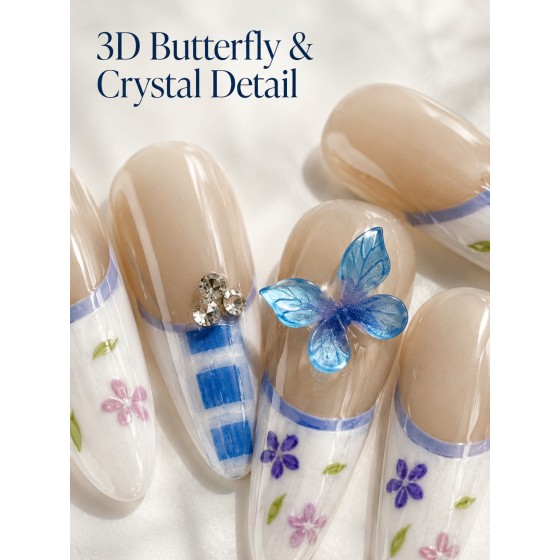 Blue Plaid 3D Butterfly Press‑On Nails, Fresh Medium‑Long Almond False Nails With French Floral Pattern